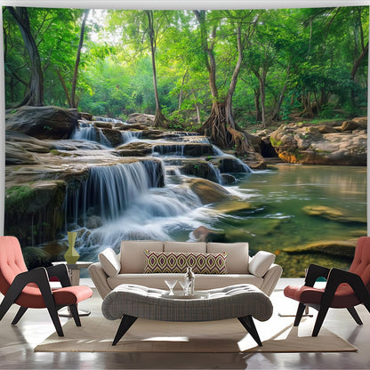 BSFHH Nature Tapestry Forest Tree Sea Cave Wall Hanging, Stream Through Rainforest Landscape Wall