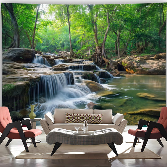 BSFHH Nature Tapestry Forest Tree Sea Cave Wall Hanging, Stream Through Rainforest Landscape Wall