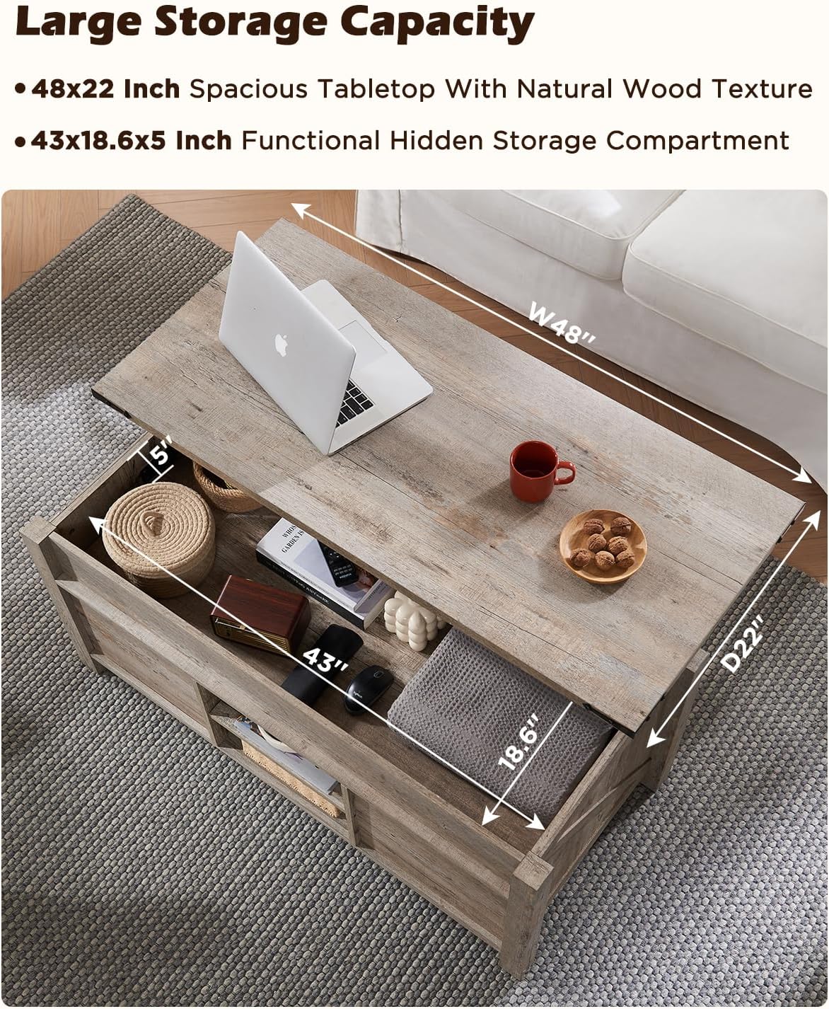 OKD 48" Farmhouse Lift Top Coffee Table with Sliding Barn Door, Rustic Center Table w/Hidden