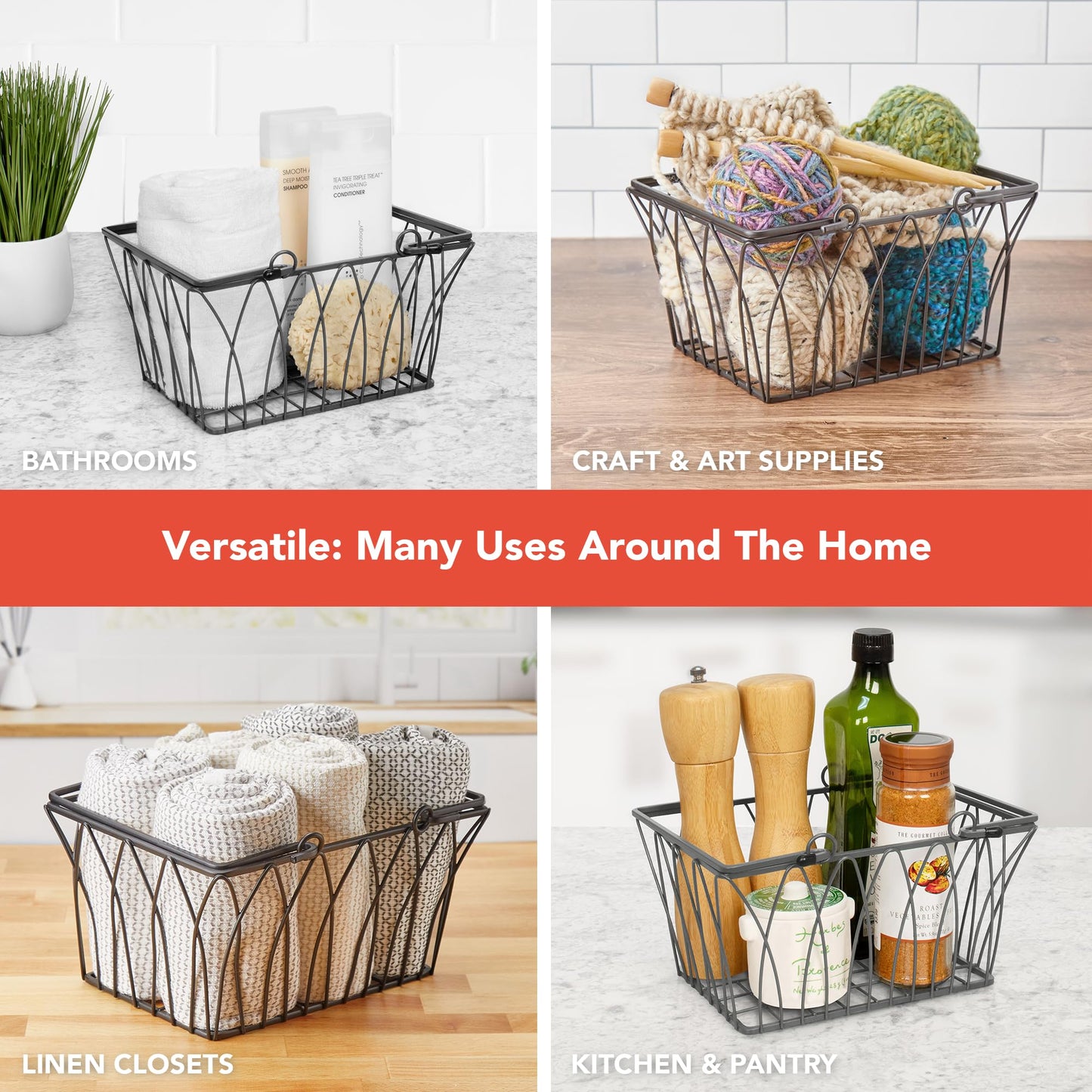 Spectrum Small Wire Basket with Handles Black Farmhouse Basket Organizer for Kitchen Bathroom
