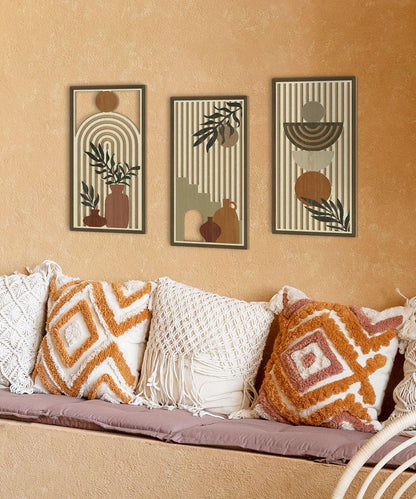 Putuo Decor Boho Wall Art Set of 3, Abstract Geometric Wooden Wall Decor, Mid-Century Modern