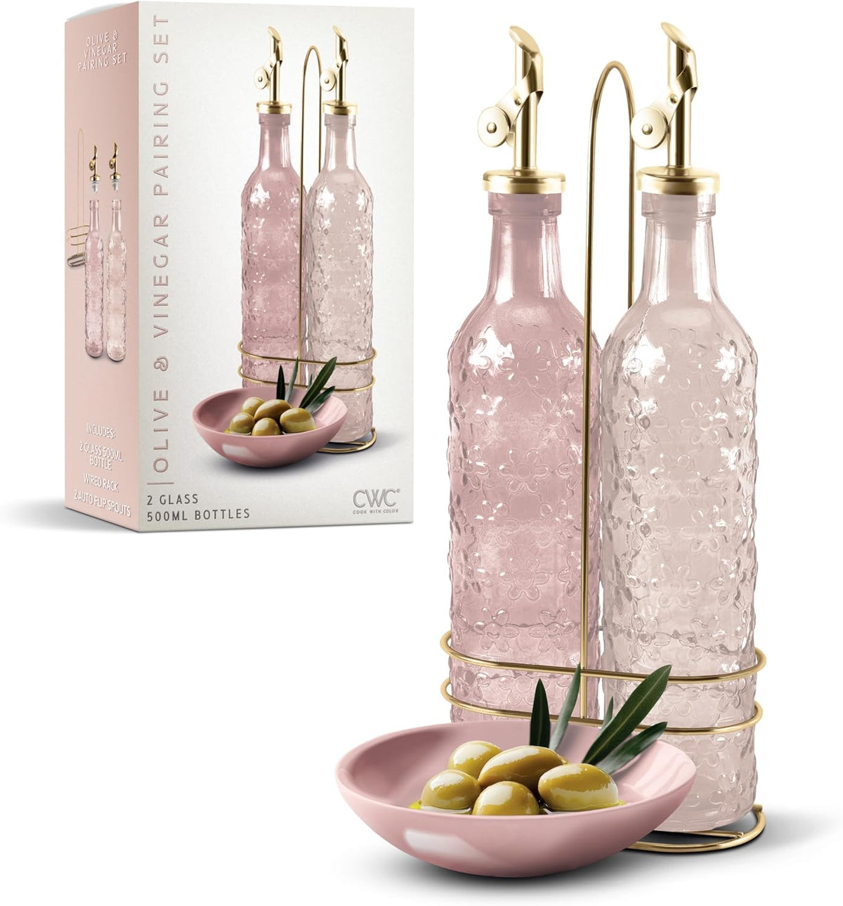COOK WITH COLOR Glass Olive Oil Bottle Dispenser - 2 Pack- 17oz Oil and Vinegar Cruet - Olive Oil
