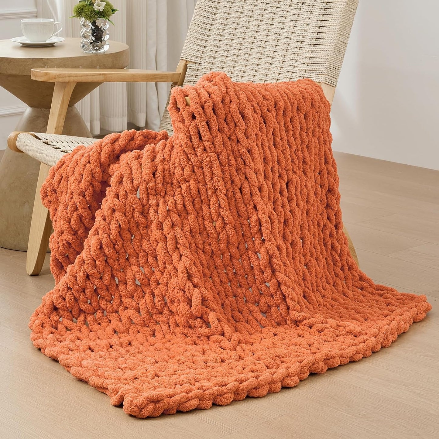 Bigacogo Chunky Knit Throw Blanket for Couch, 40x40 inches, 100% Hand Knitted with Thick Jumbo