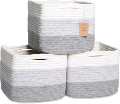 NaturalCozy Storage Cubes 9”x9”x7”Cotton Rope Woven Baskets for Organizing 3-Pack | 9 Inch Cube