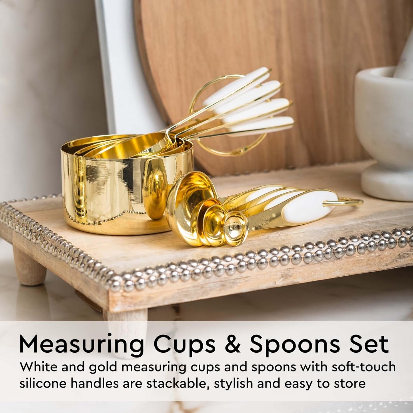White and Gold Kitchen Utensils Set - 23-Piece Gold Kitchen Accessories Include Measuring Cups and