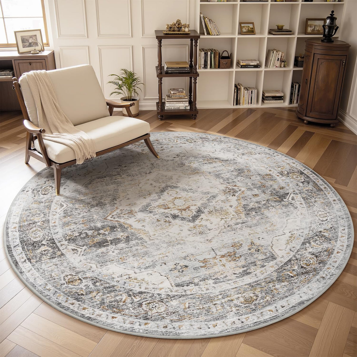 AMOAMI-6FT Round Rug-Rugs for Living Room-Vintage Soft Grey Rugs for Bedroom-Non Slip Circle