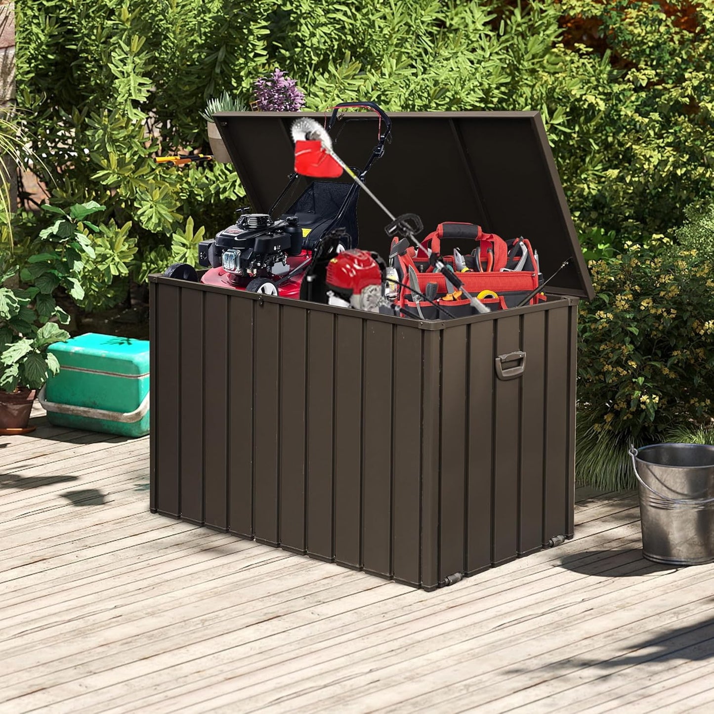 Domi 200 Gallon Deck Box, Outdoor Metal Lockable Storage Cabinet, Waterproof Steel Outdoor Bench