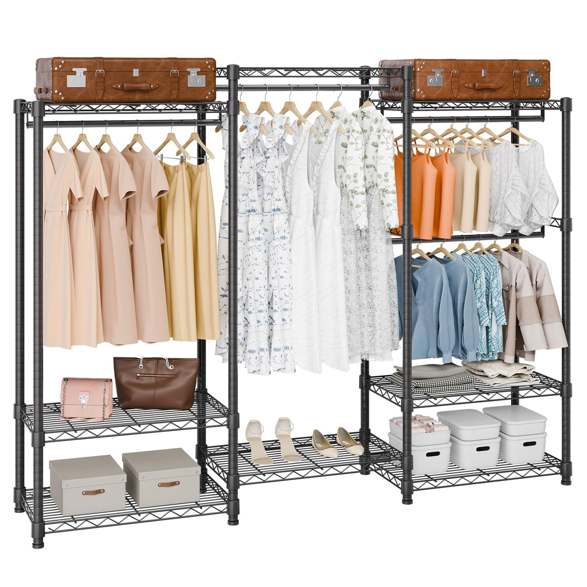 VEVOR Sturdy Apparel Organizer, Mobile Garment Hanger with Four Rods & Eight Shelving Levels