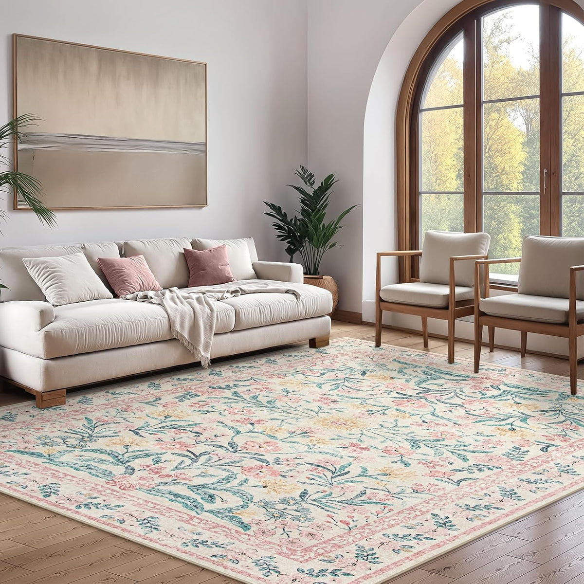 Wonnitar Floral Large Rugs for Living Room, Soft Light Pink Rug Washable 9x12 Carpet Non Slip, Boho