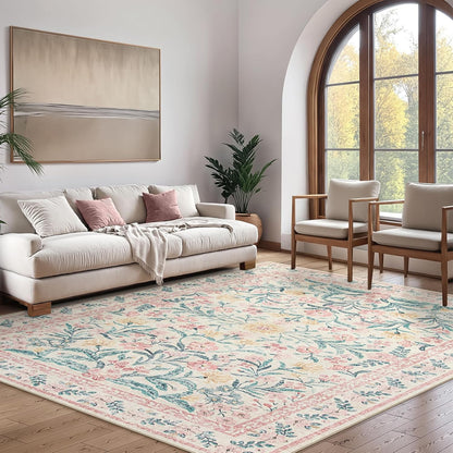 Wonnitar Floral Large Rugs for Living Room, Soft Light Pink Rug Washable 9x12 Carpet Non Slip, Boho
