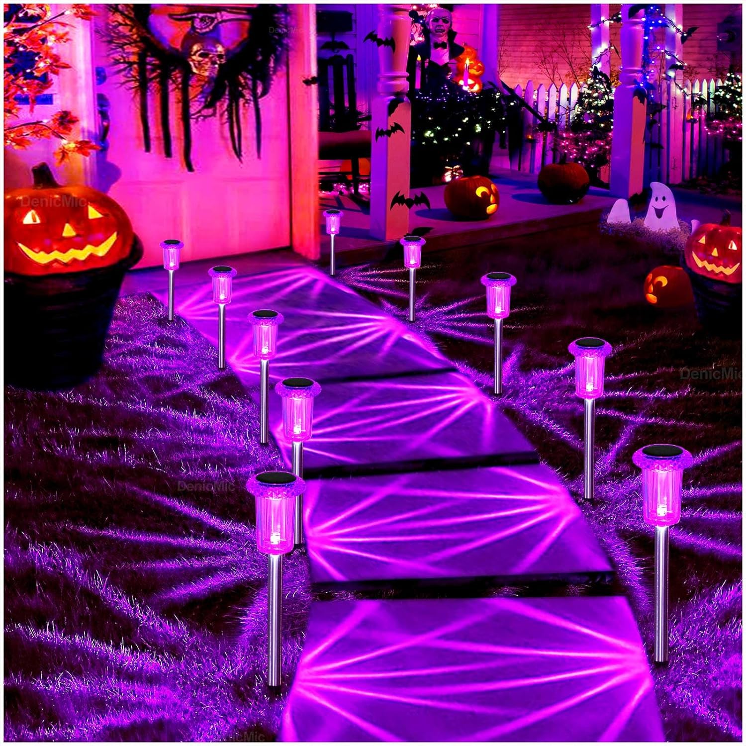 DenicMic Halloween Solar Lights Outdoor 10 Pack Purple LED Waterproof Yard Garden Patio Backyard