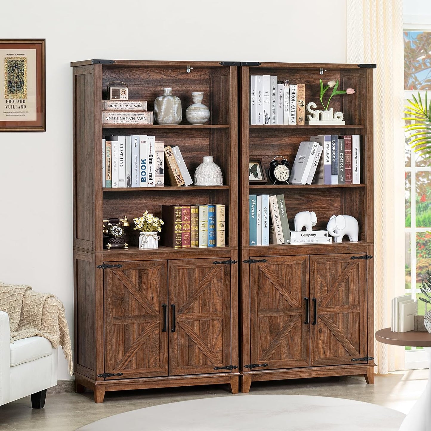 70in Tall Bookshelf 5 Tier Bookcase with Barn Doors and Adjustable Shelves, Brown Farmhouse Book
