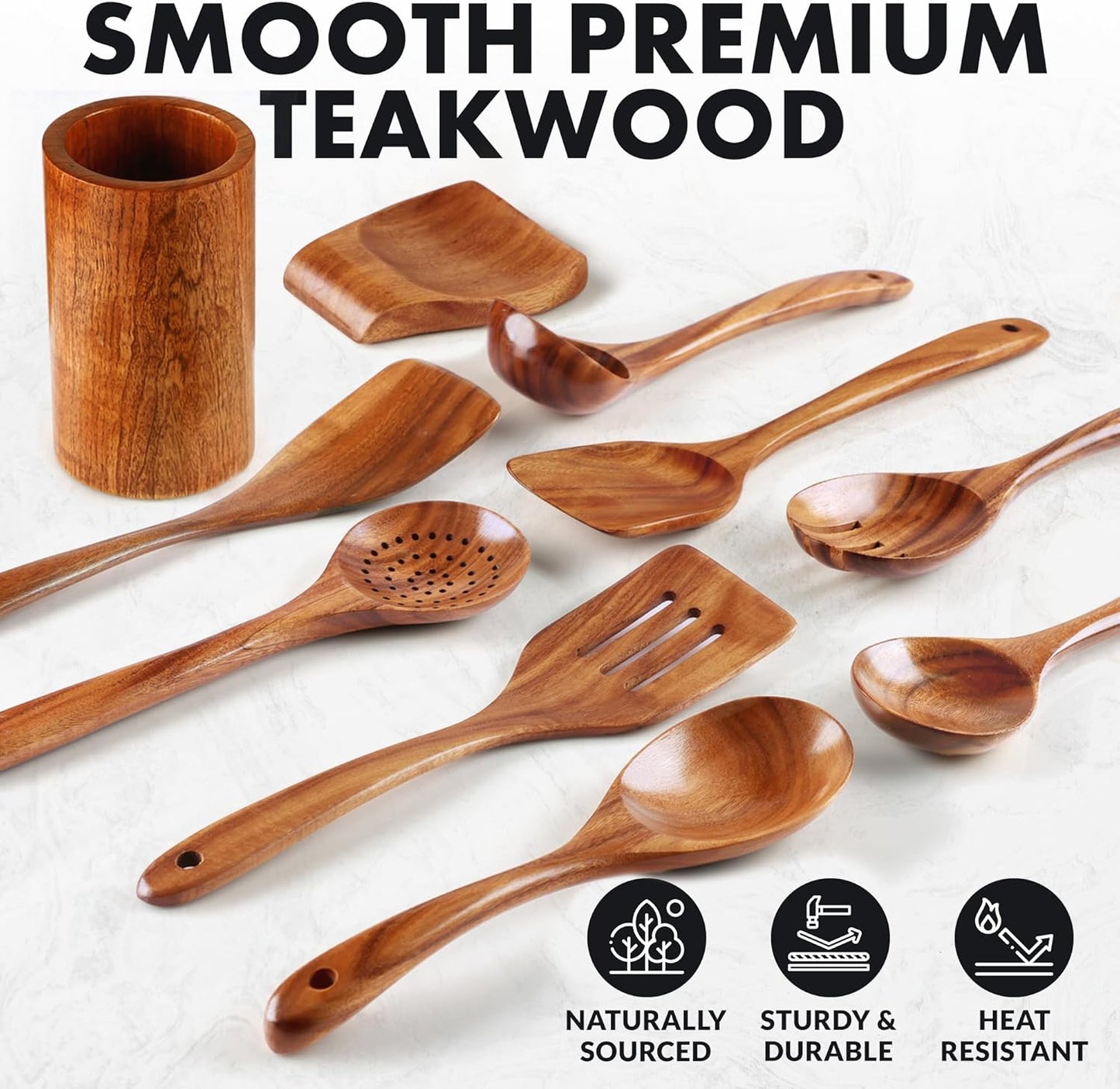 Zulay Kitchen 10-Piece Wooden Spoons for Cooking - Smooth Finish Teak Wooden Utensils for Cooking
