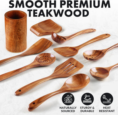 Zulay Kitchen 10-Piece Wooden Spoons for Cooking - Smooth Finish Teak Wooden Utensils for Cooking