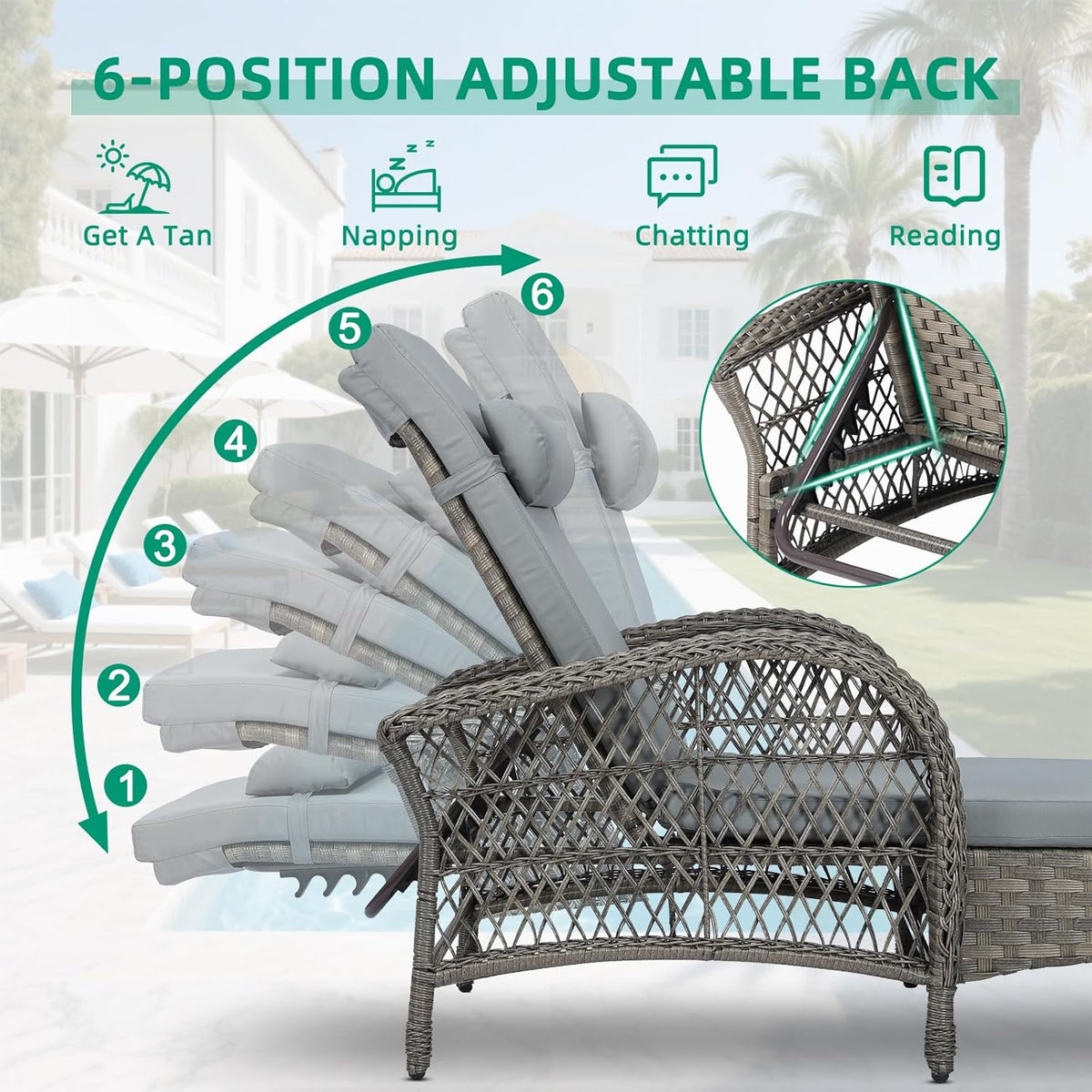 VIVIJASON 3 Pieces Outdoor Wicker Chaise Lounge Chair Set, All-Weather PE Rattan Cushioned Patio