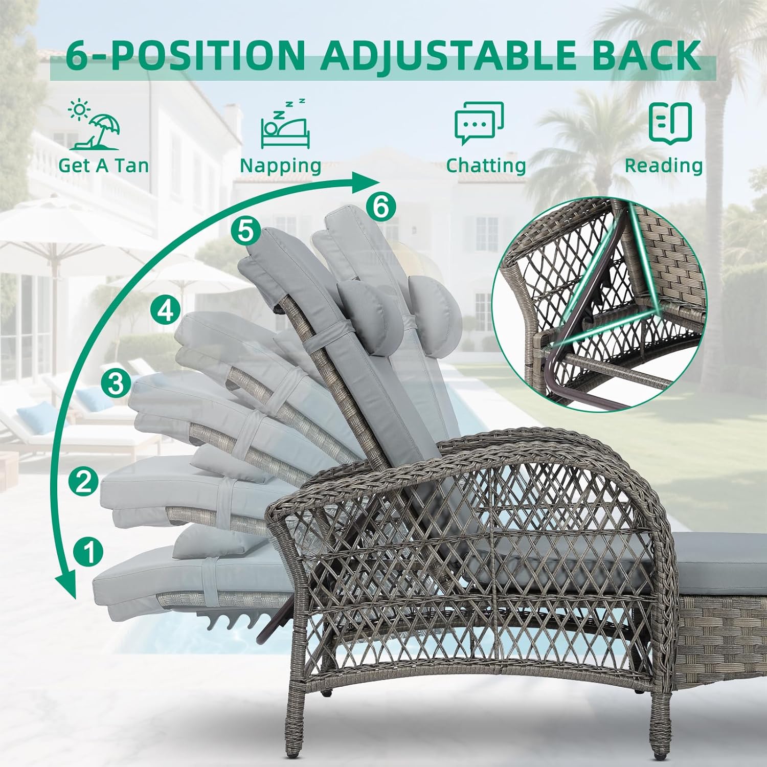 VIVIJASON Outdoor Wicker Chaise Lounge Chair, All-Weather PE Rattan Cushioned Patio Lounger Chair