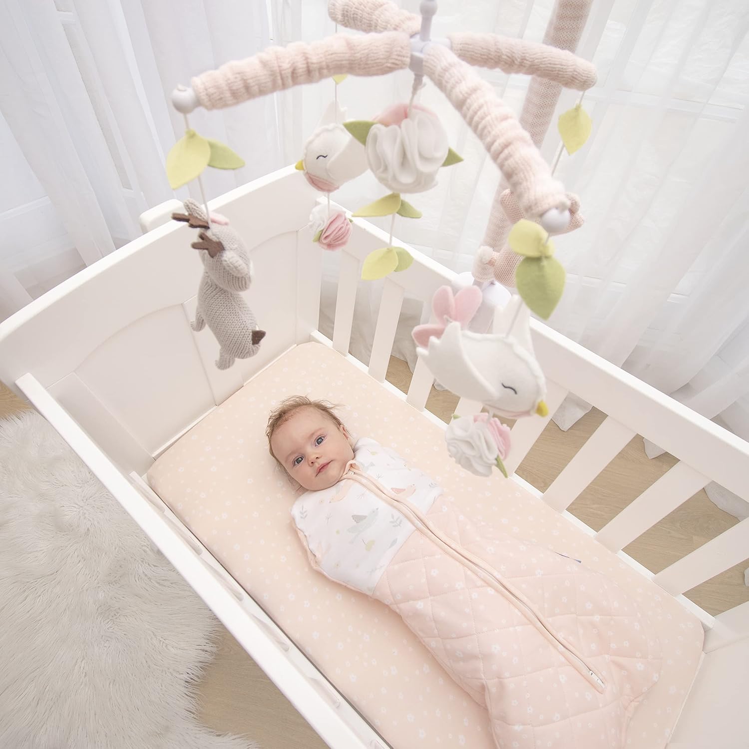 Living Textiles Baby Musical Mobile - Ava Birds | Crib Toy, Knitted Woodland Characters, Nursery