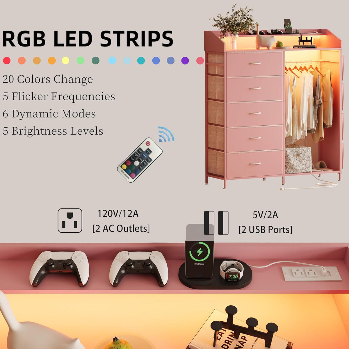 LUMTOK 2-in-1 Dresser with Hanging Racks,5 Fabric Drawers Dressers with LED Lights, Charging