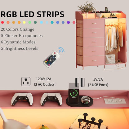 LUMTOK 2-in-1 Dresser with Hanging Racks,5 Fabric Drawers Dressers with LED Lights, Charging