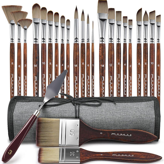 25pcs Paint Brush Set, Fuumuui Acrylic Paint Brushes, Professional Artist Series with Wide Flat