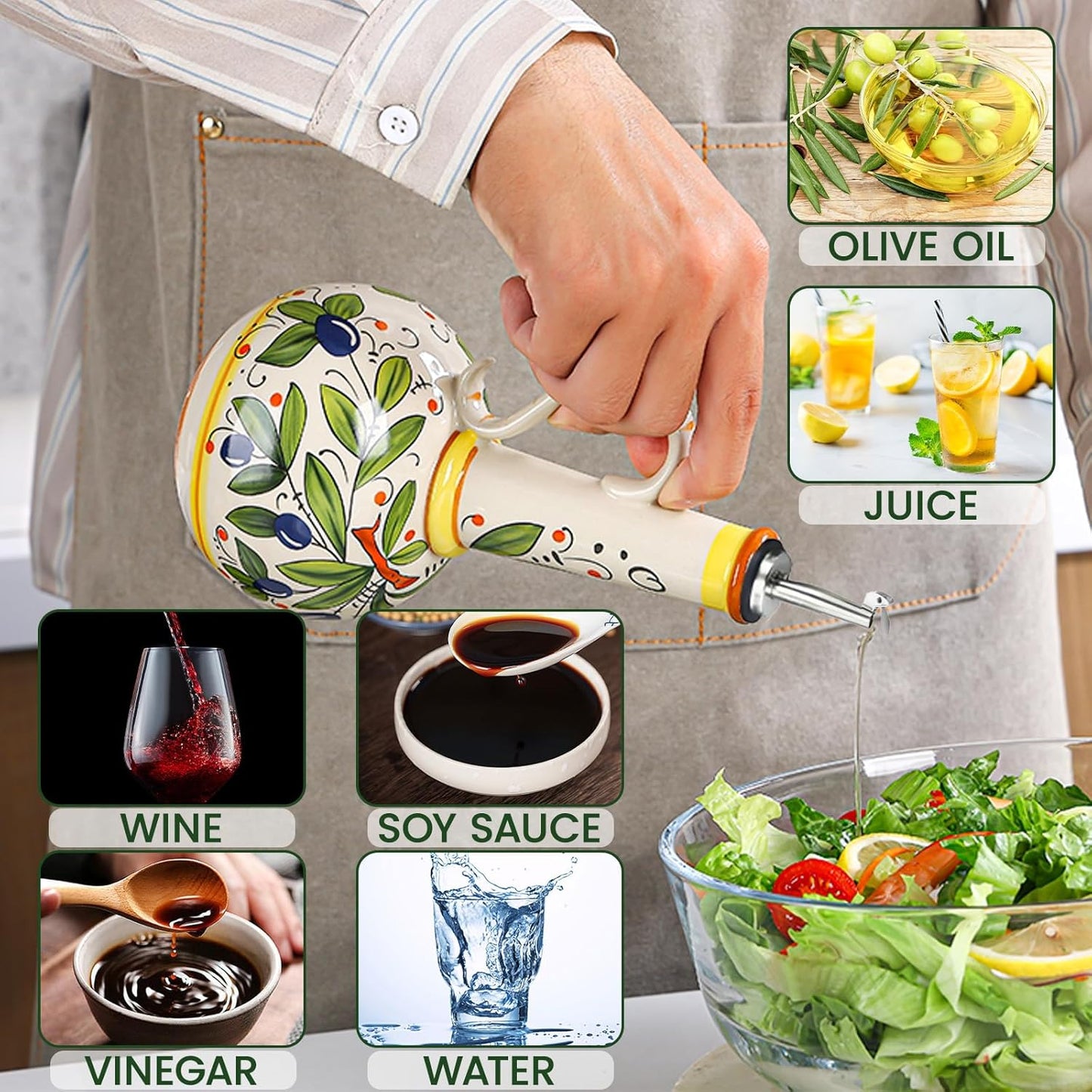 18 oz Ceramic Olive Oil Dispenser Bottle for Kitchen, Large Capacity Oli and Vinegar Cruet with