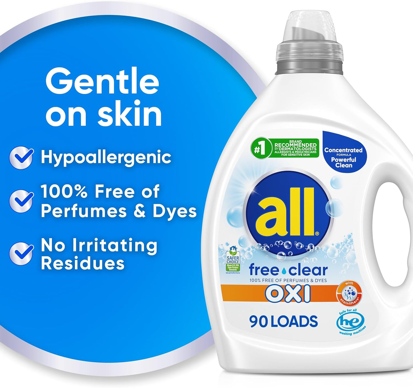 all Liquid Laundry Detergent, Free Clear for Sensitive Skin with OXI, Unscented and Hypoallergenic
