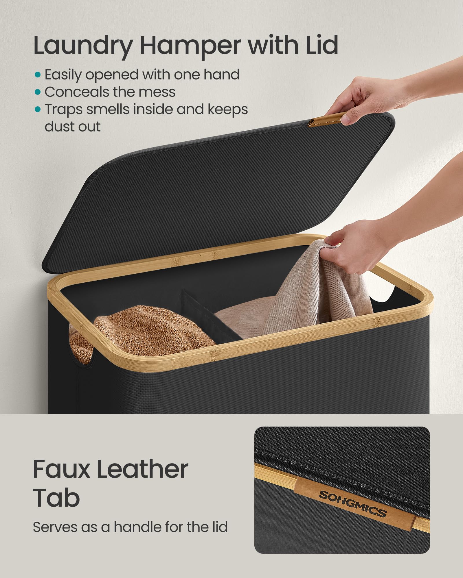SONGMICS Laundry Hamper, Laundry Basket with Lid, Foldable Storage Basket, Bamboo Frame, for