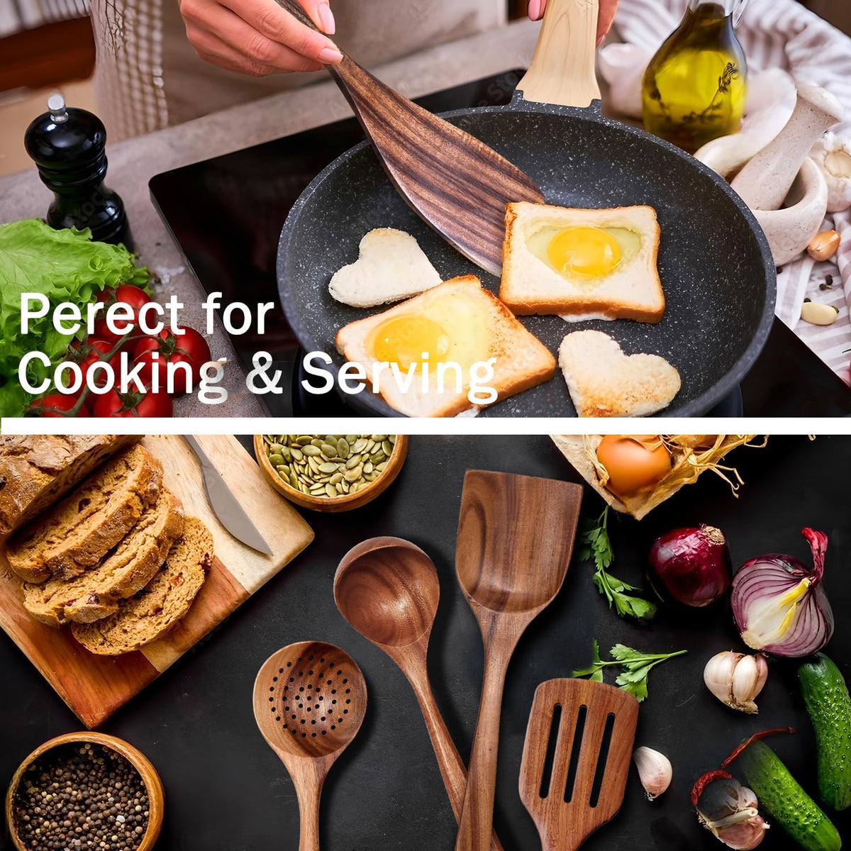 Wooden Spoons for Cooking 6 Piece, Natural Teak Kitchen Utensils Spatula, Smooth Finish Wooden