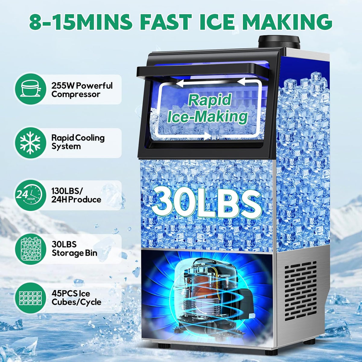 Commercial Ice Maker Machine 130Lbs/24H with 30Lbs Ice Capacity, 45Pcs Clear Ice Cubes Ready in