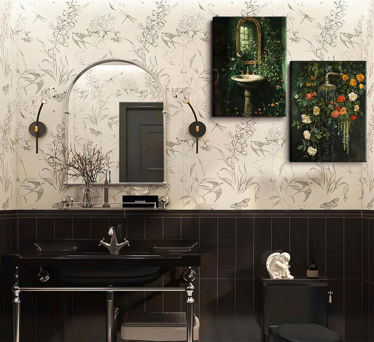 3Pcs Framed Vintage Dark Green Bathroom Wall Art Shower Toilet Paper Roll Floral Poster Print