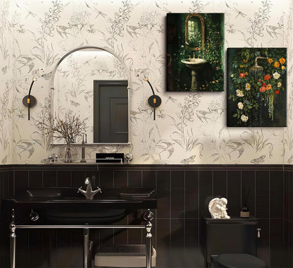 3Pcs Framed Vintage Dark Green Bathroom Wall Art Shower Toilet Paper Roll Floral Poster Print