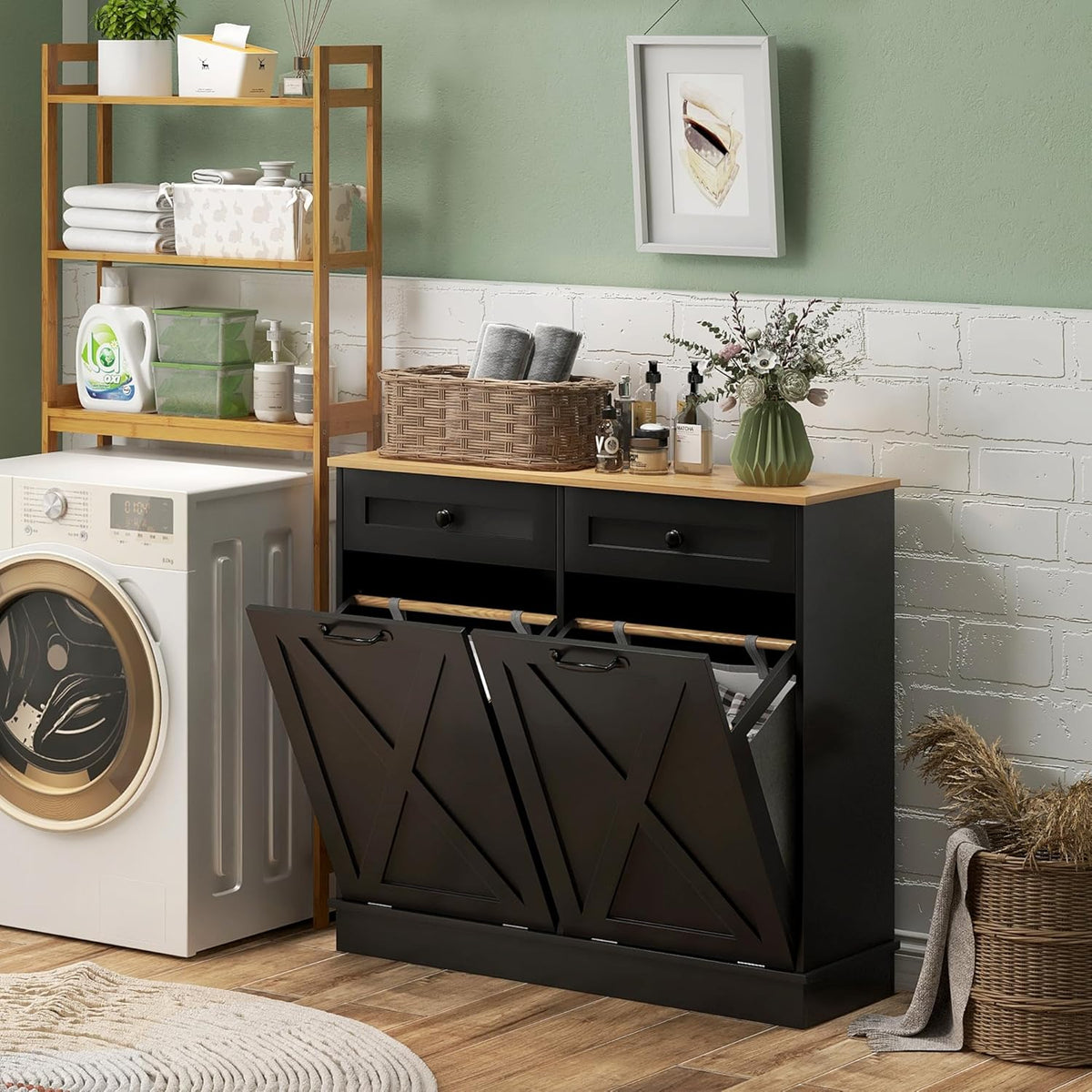 HOMCOM Tilt Out Laundry Hamper Cabinet with 2 Removable Baskets, Freestanding Bathroom Storage
