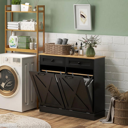 HOMCOM Tilt Out Laundry Hamper Cabinet with 2 Removable Baskets, Freestanding Bathroom Storage