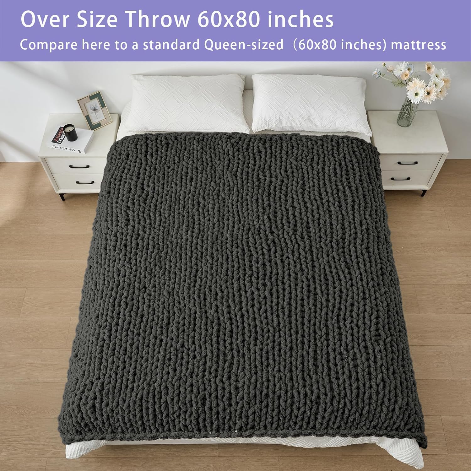 Bigacogo Chunky Knit Throw Blanket for Couch, 60x80 inches, 100% Hand Knitted with Thick Jumbo