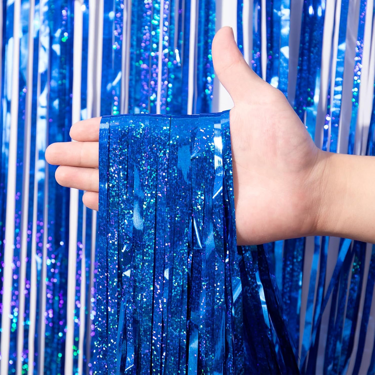 3 Pack 3.3 x 8.2 ft Laser Blue Foil Fringe Backdrop Curtains, Tinsel Streamers Birthday Party