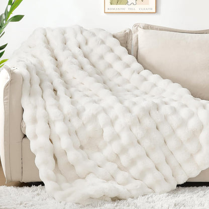 Touchat Luxury 1000GSM Rabbit Faux Fur Twin Blanket, Super Heavy Warm Cozy Beige Cream Blankets for