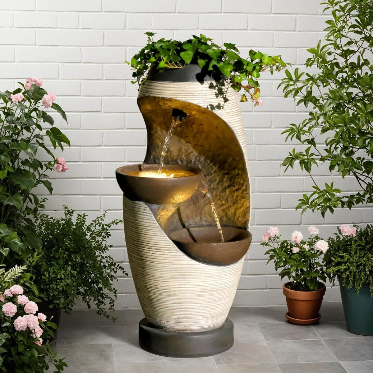 27.95''H Outdoor Garden Water Fountain, 2-Tier Bowl Shaped Floor - Standing Waterfall Fountain