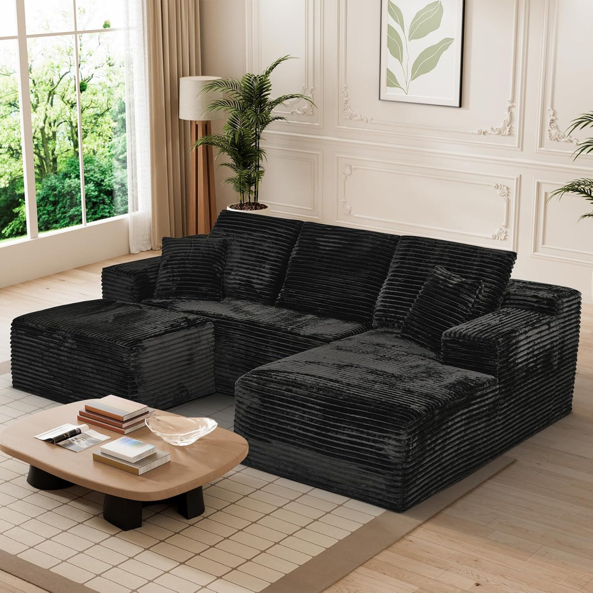Modular Sectional Sofa Cloud Sectional Couch, 107" Comfy Fluffy U Shaped Black Couches for Living