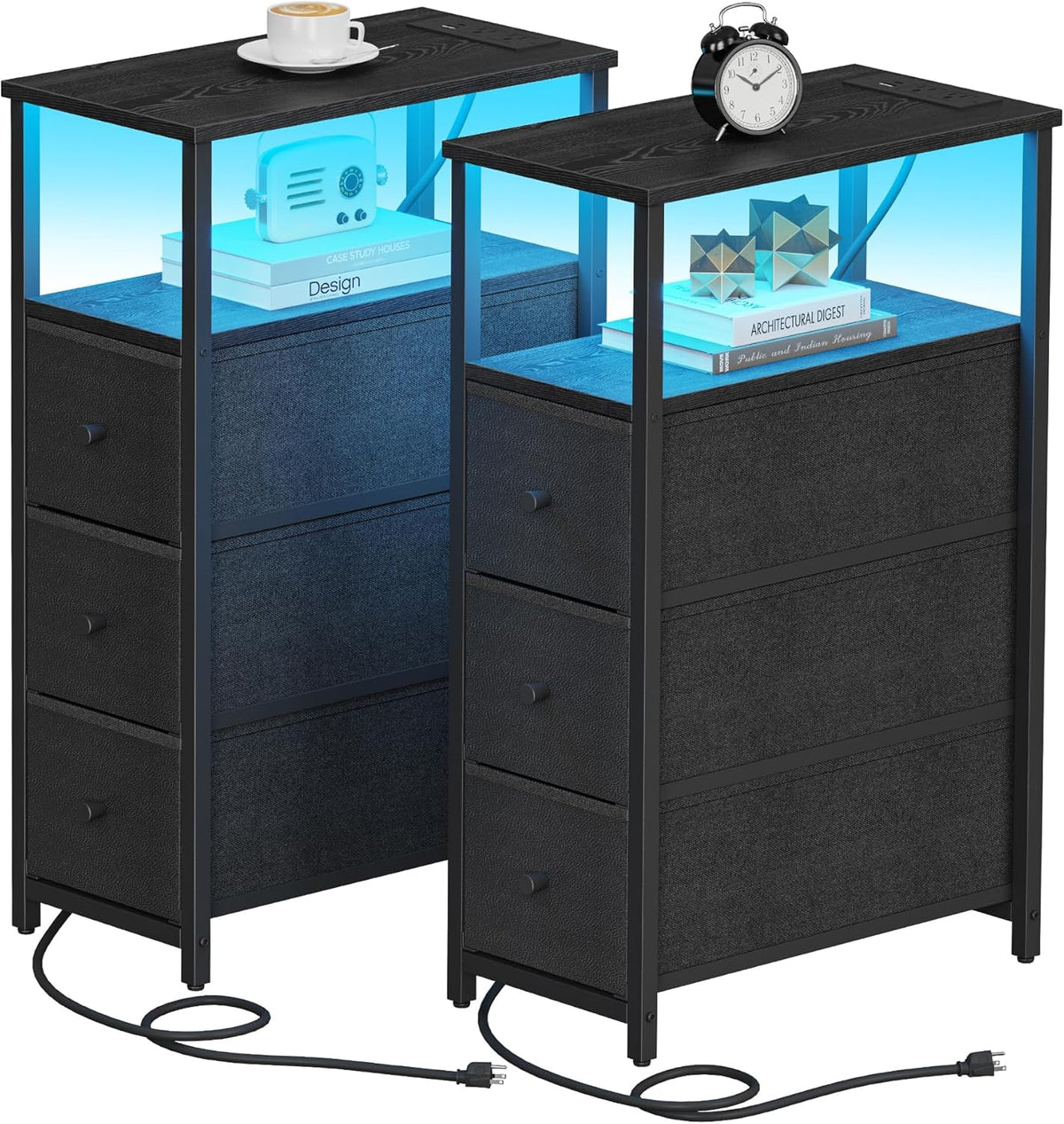TUTOTAK Narrow LED Night Stand with Charging Station, Slim End Table with Plugins, Tall Side Table