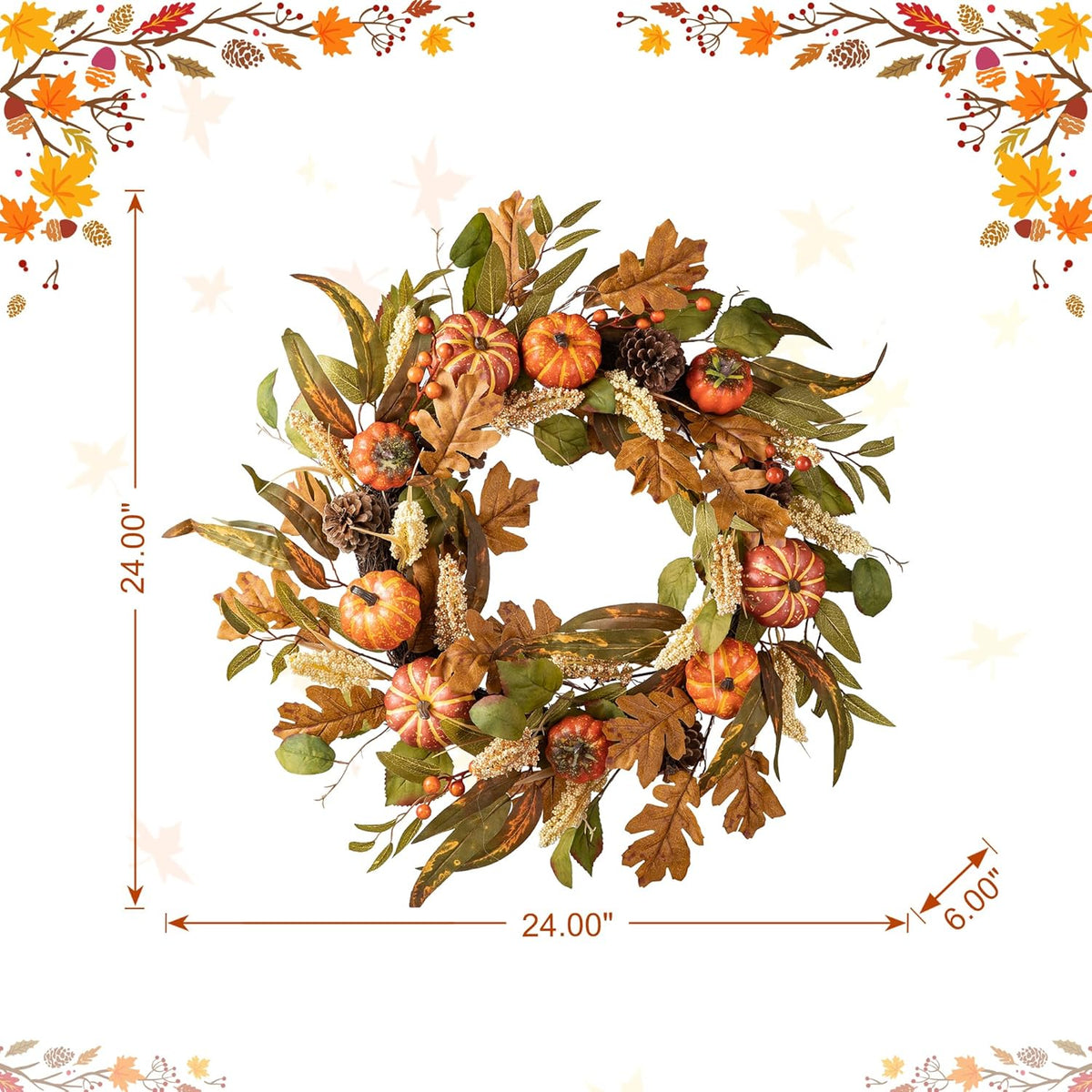 Glitzhome 24''D Fall Pumpkin Leaf Floral Wreath Decor, Artificial Harvest Door Wreath for Autumn or