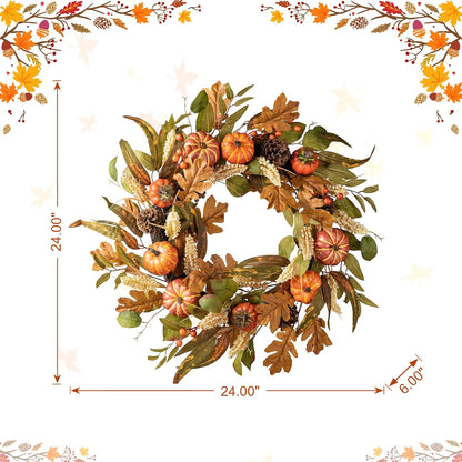 Glitzhome 24''D Fall Pumpkin Leaf Floral Wreath Decor, Artificial Harvest Door Wreath for Autumn or