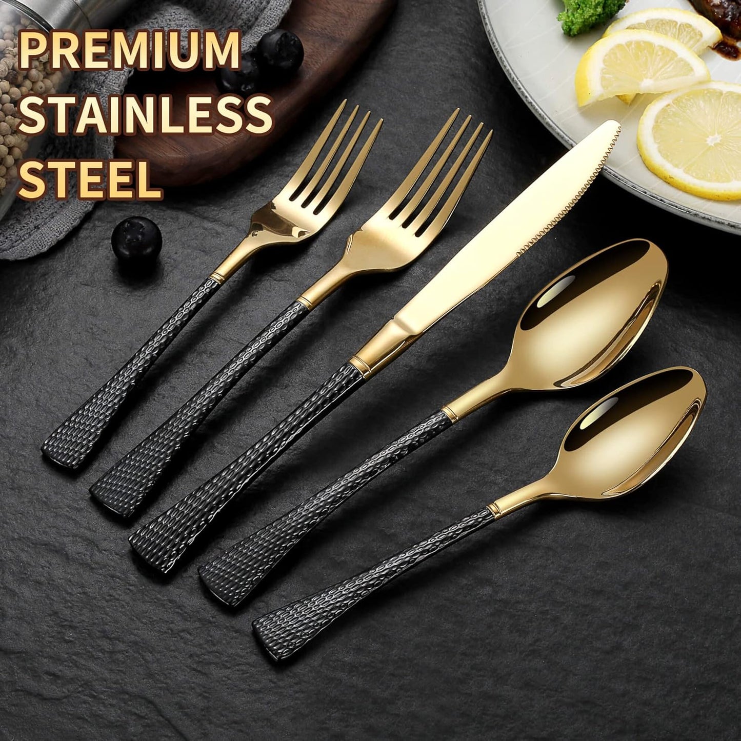 Hammered Black Gold Silverware Set for 8,Stainless Steel 40-Piece Modern Cutlery Set,Mirror