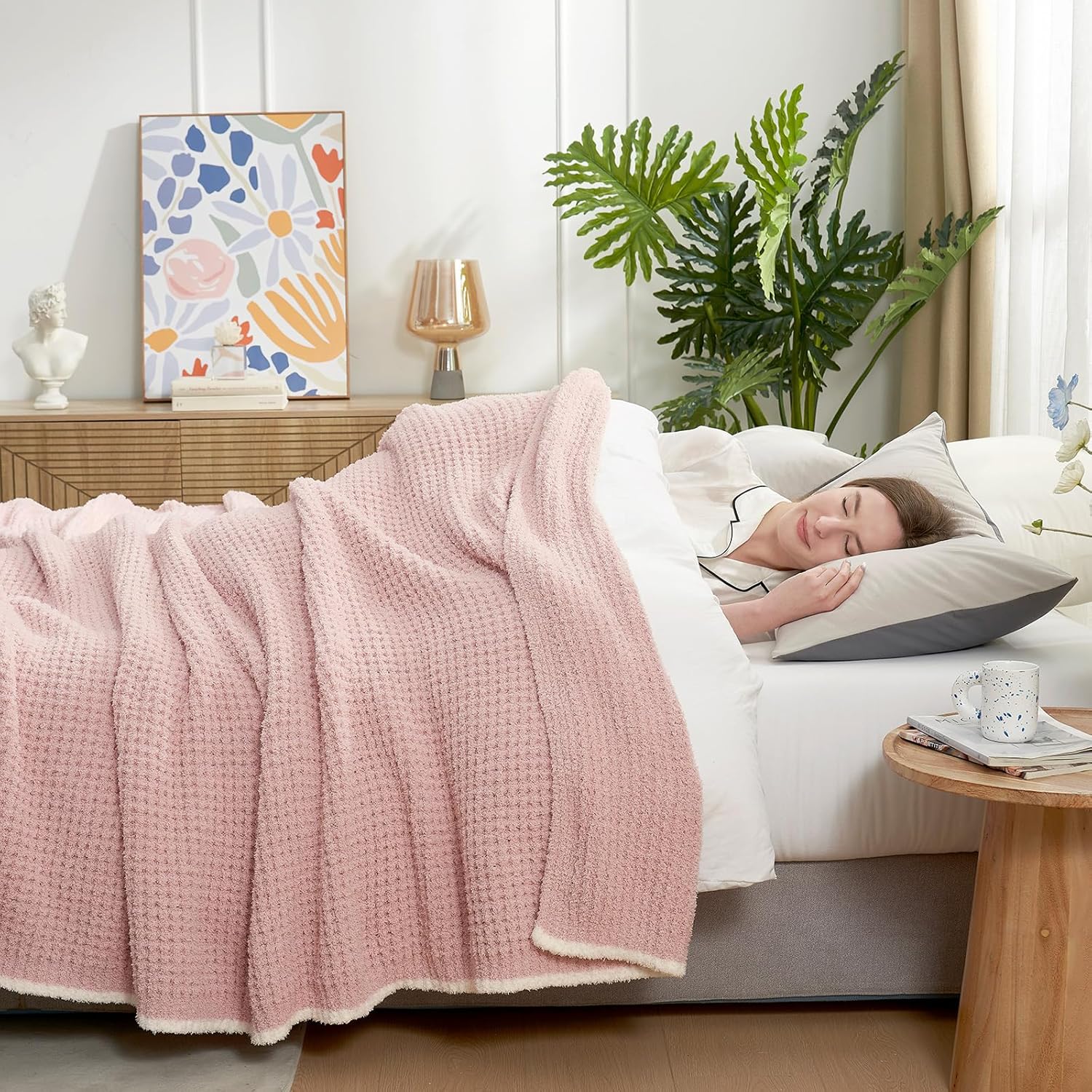 Snuggle Sac Pink Waffle Bedding Blankets Queen Size 90x90 inches, Reversible Microfiber Fluffy