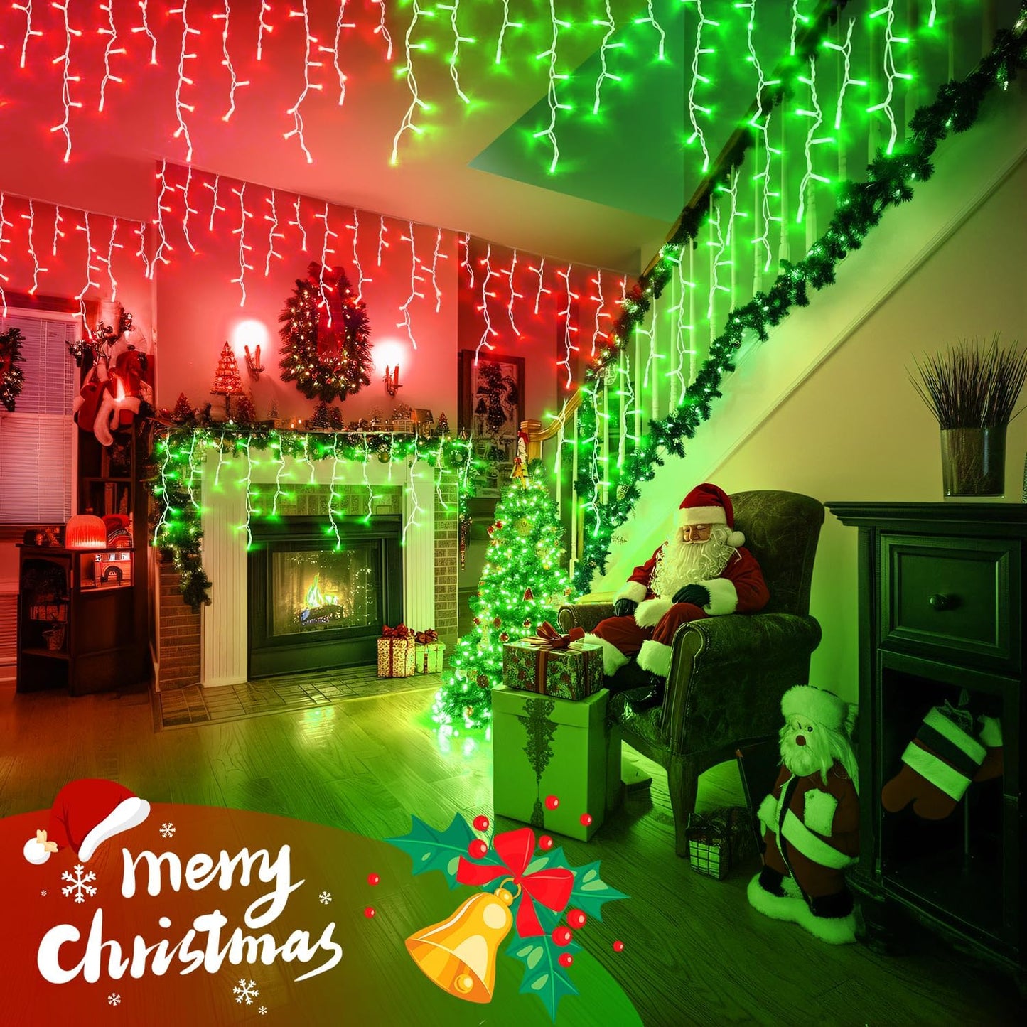 JMEXSUSS 400 LED Christmas Icicle Lights Outdoor, Red & Green Halloween Icicle Lights Clear