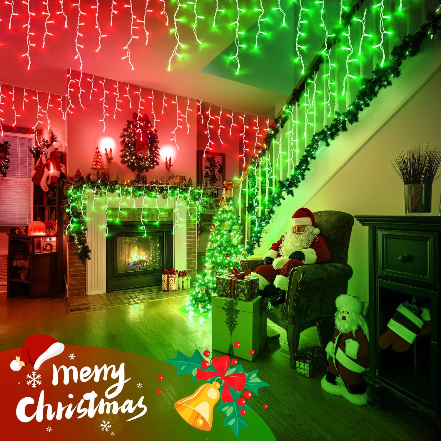 JMEXSUSS 400 LED Christmas Icicle Lights Outdoor, Red & Green Halloween Icicle Lights Clear