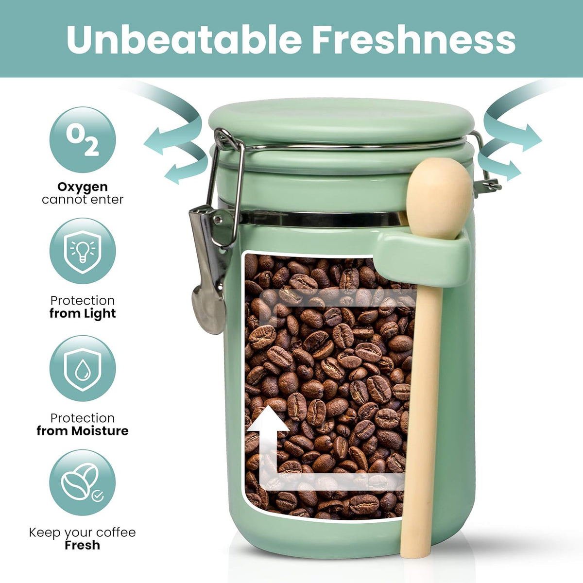 Home Intuition 4-Piece Ceramic Kitchen Canisters Set, Airtight Containers with Wooden Spoons