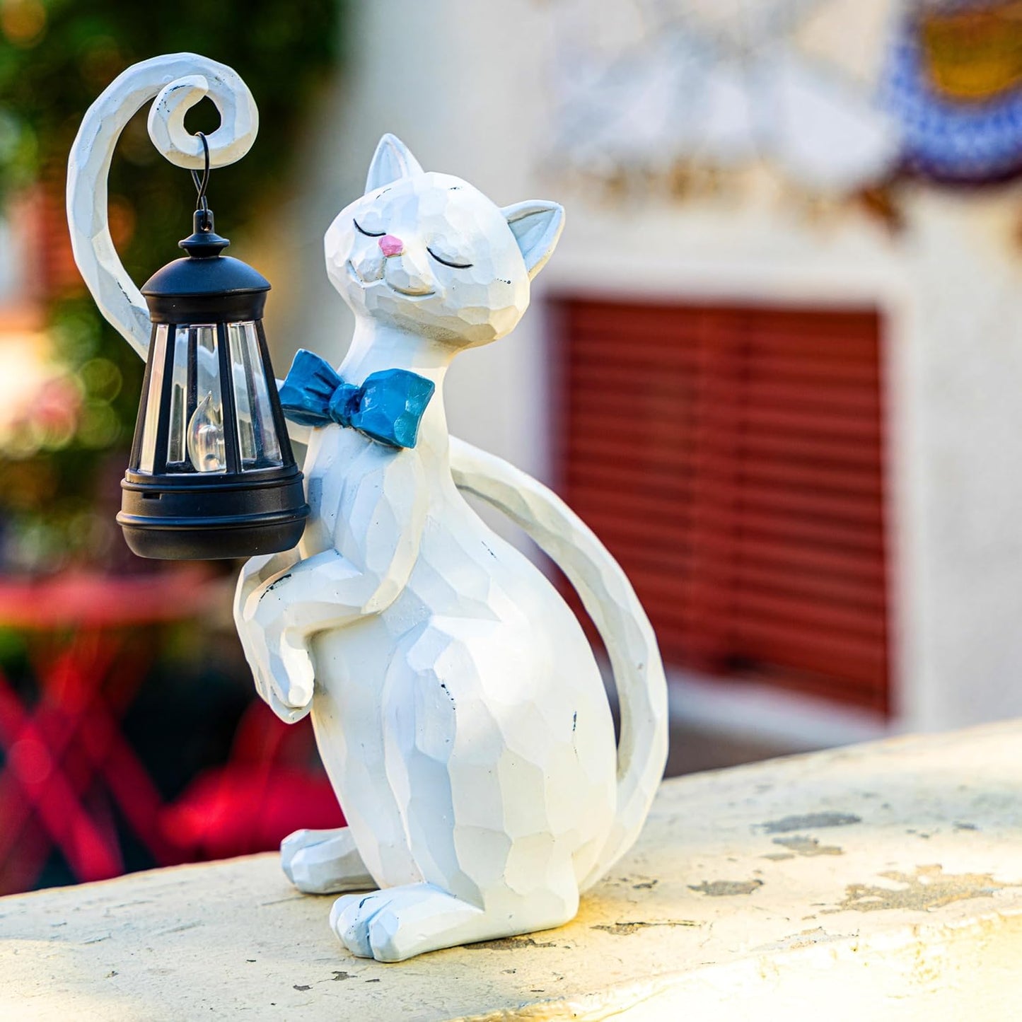 WHIMSYNOOK 10.7" White Cat Solar Garden Light Statue – Outdoor Garden & Yard Decor, LED Lantern