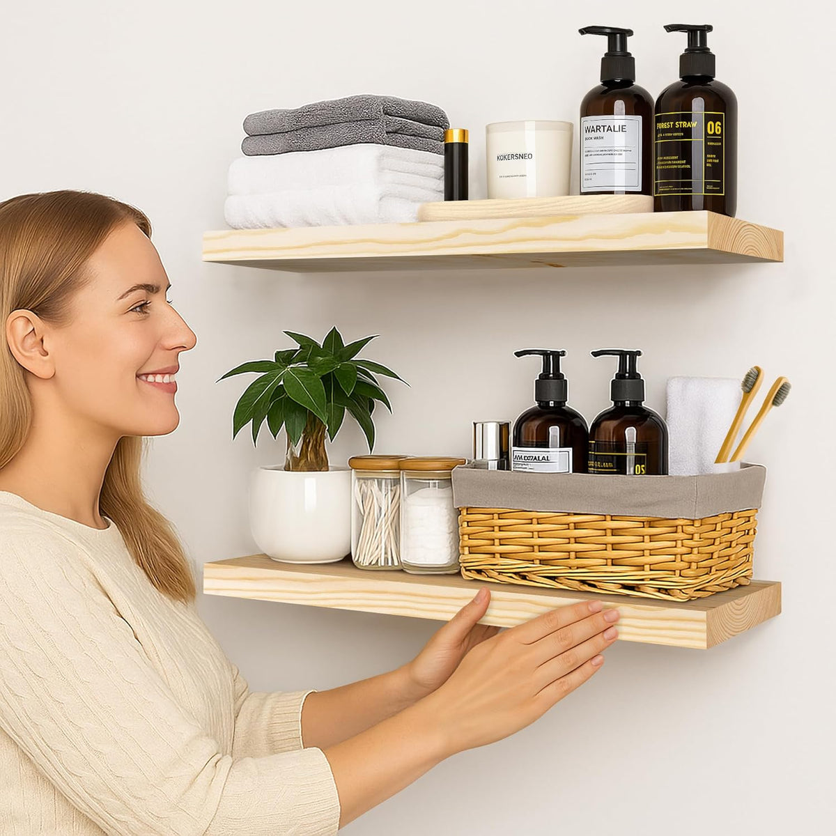 BGMG Wood Floating Shelves 24 inch, Wide Rustic Wooden Wall Shelves for Bathroom Living Room