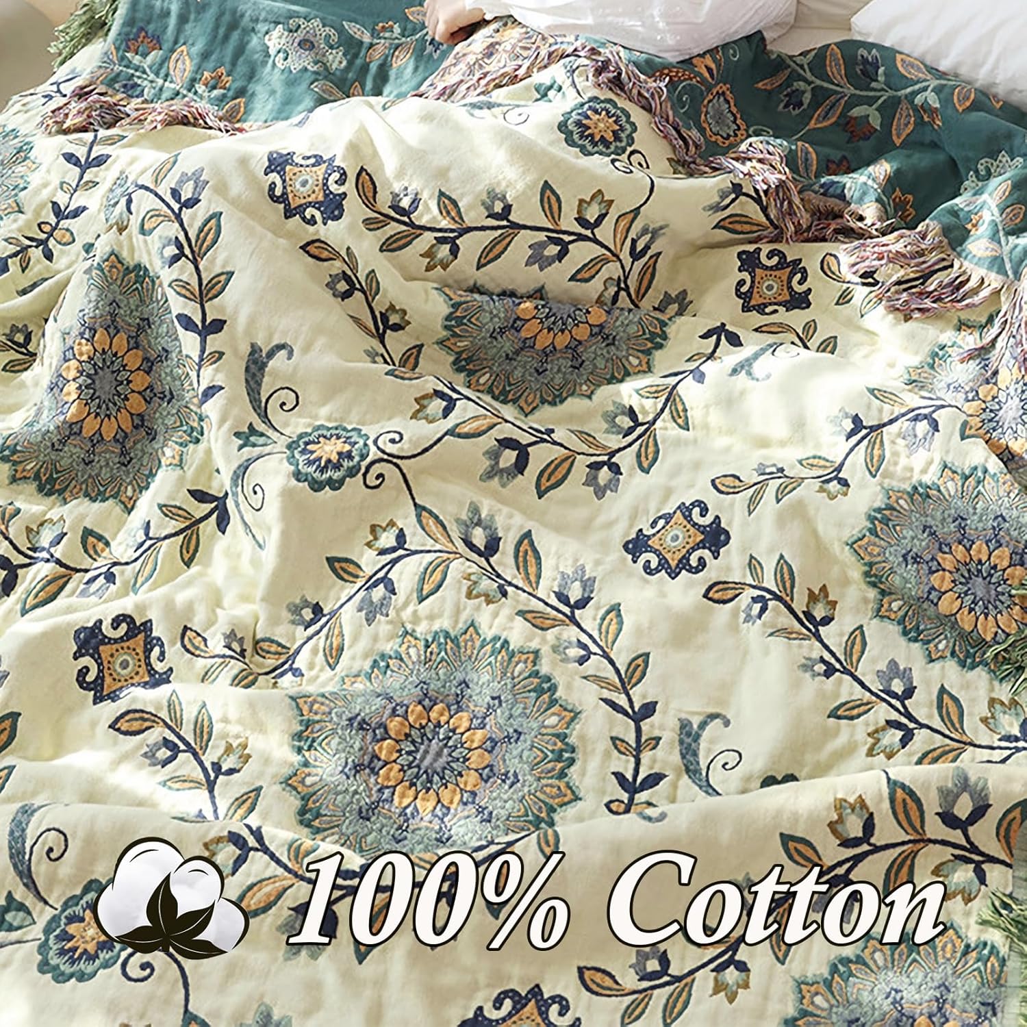 Snycler Boho Throw Blanket for Bed - 100% Cotton Ultra Soft Rustic Quilt - Blue Green Floral
