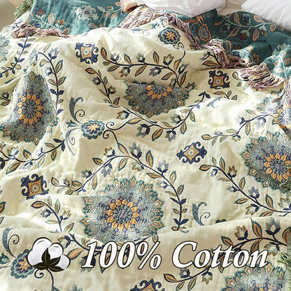 Snycler Boho Throw Blanket for Bed - 100% Cotton Ultra Soft Rustic Quilt - Blue Green Floral